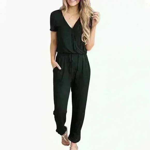 Pants - Women's Casual Deep V-Neck Short Sleeve Wrap Drawstring Waist Jumpsuit Romper